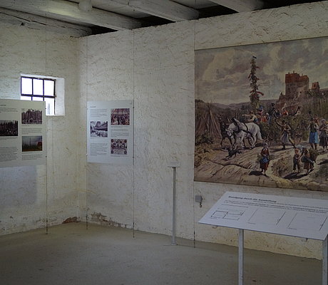 Ausstellungsraum mit großer Abbildung einer historischen Hopfenernte 