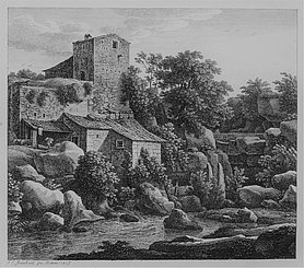 Mühle an einem Fluss mit felsigem Ufer und vielerlei Vegetation. Ganz klein und links im Bild der Müller und sein Esel.