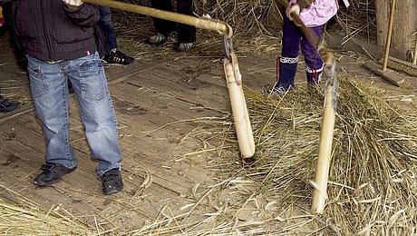 Fotoaufnahme der Führung „Vom Feld zur Mühle“. Ein Junge und ein Mädchen stehen auf dem Holzboden einer Scheune. Beide haben Dreschflegel in den Händen und schlagen damit auf die Getreideähren, die auf dem Boden vor ihnen liegen. Im Hintergrund befinden sich weitere Personen. 