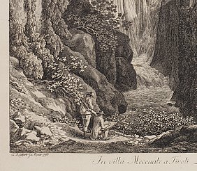 Innerhalb von Ruinen und einem Wasserfall im Hintergrund sind ein Jäger mit Flinte und ein sitzender Maler zu sehen.