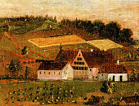 Ein farbig gemaltes Ölbild, es zeigt das Anwesen der Aumühle aus Eyb