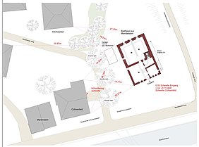 Lageplan für das Badhaus mit benachbarten Gebäuden und Umgriff.