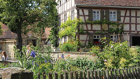 Fotoaufnahme einer der Gärten des Museums. Im Vordergrund befindet sich der umzäunte Garten mit den blühenden Blumen im Inneren. Dahinter steht das Bauernhaus aus Herrnberchtheim, an der Wand des Fachwerks wächst Wein. Links daneben sind ein Baum und Besucher erkennbar.