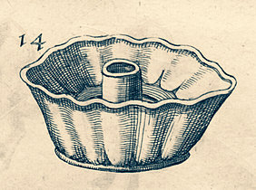 Frühe Abbildung einer Gugelhupfform mit Kamin in "Die wol unterwiesene Köchinn", Braun-schweig 1697.