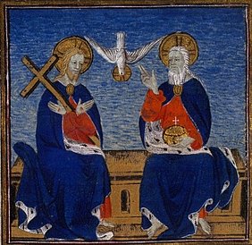 Links Jesus Christus sitzend mit Kreuz in den Händen, rechts sitzend Gott-Vater mit Reichsinsignie in der Hand. Dazwischen eine Taube als Symbol für den Heiligen Geist.