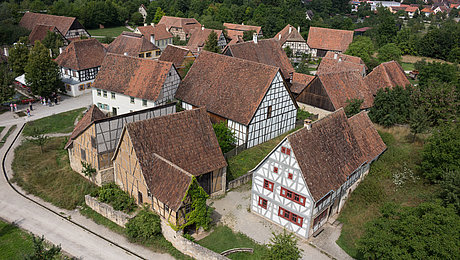 Fotoaufnahme des Luftbildes der Baugruppe West. Die Gebäude, zum Großteil Fachwerke, stehen nah beieinander und sind von Gärten, Wiesen, Bäumen und Wegen umgeben. Im Hintergrund sind die weitere Landschaft des Museums sowie Bad Windsheims erkennbar. 