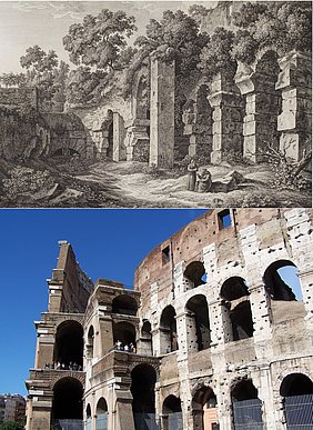 Oben: Radierung zeigt das verfallene, bewachsene und teilweise in der Erde versunkene Kolosseum mit zwei Mönchen im Vordergrund; Unten: Detail der Fassade des Kolosseums heute