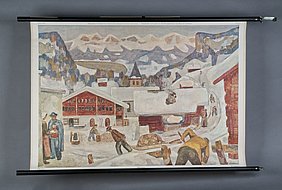 Das Bild zeigt ein Dorf. Dahinter ist ein Gebirge. Überall liegt Schnee. Ein Mann zieht einen Schlitten mit Holz. Ein anderer macht Holz. Zwei Menschen unterhalten sich. Kinder fahren Schlitten.