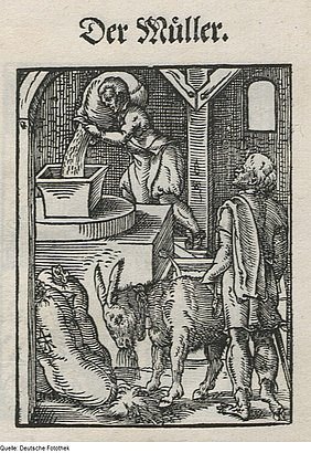 Darstellung in Holzschnitt-Technik ausgeführt; ein Mann schüttet Getreide in die Gosse des Mahlwerks, im Vordergrund steht ein Mann mit einem Esel; über der Darstellung ein Schriftzug mit dem Wortlaut "Der Müller"