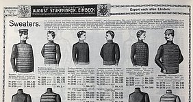 Die Werbeanzeige kommt aus einem Katalog. Sie zeigt junge Männer mit Pullovern. Der Text beschreibt die Pullover. Darunter stehen die Preise.