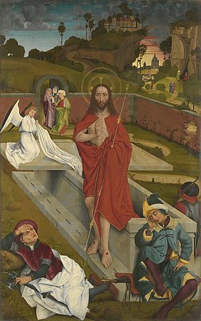 Jesus ist aus seinem Grab auferstanden, er hält die Siegesfahne in der Hand; 3 schlafende Wächter im Vordergrund, eine Engelsgestalt und die 3 Frauen im Hintergrund