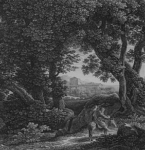Der Ausschnitt zeigt die für Reinhart typischen Baumgruppen und im Hintergrund Architektur. In die römische Landschaft hingesetzt wurde Bileam mit seiner Eselin.