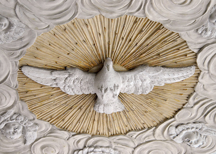Fotoaufnahme der Decke der Spitalkirche in Bad Windsheim. In die Decke ist eine Taube mit ausgebreiteten Flügeln gemeißelt. Sie steht im Fokus einer strahlenden Sonne bzw. eines Heiligenscheins. An den Rändern wurden Wolken mit Engeln dargestellt.