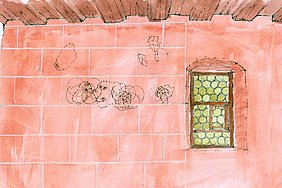 Zeichnung mit roter Quaderung und Bunzenscheibenfenster